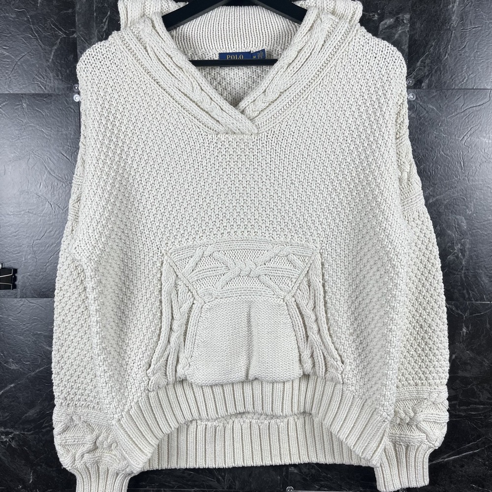 Polo Ralph Lauren Women's Beige Cable Knit Hooded Sweater Medium
